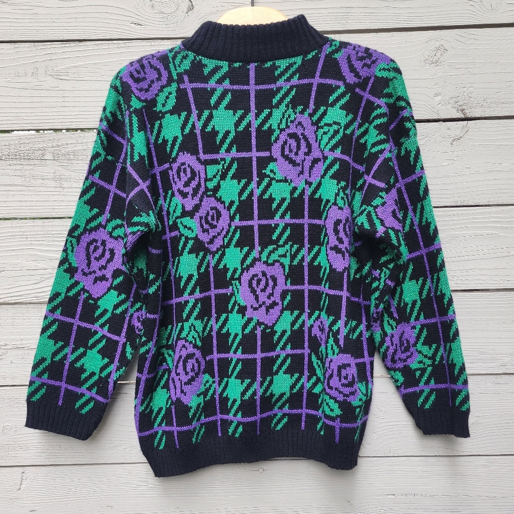 Vintage 80s Adele Knitwear Metallic Rose Floral Sweater - Picture 7 of 7